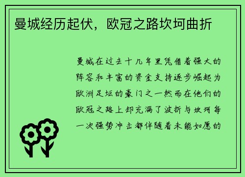 曼城经历起伏，欧冠之路坎坷曲折