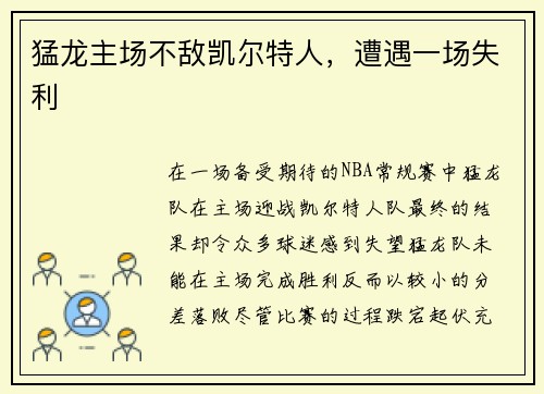 猛龙主场不敌凯尔特人，遭遇一场失利