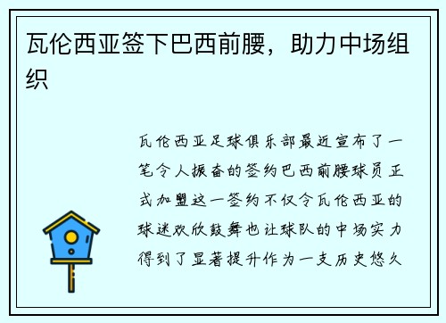 瓦伦西亚签下巴西前腰，助力中场组织
