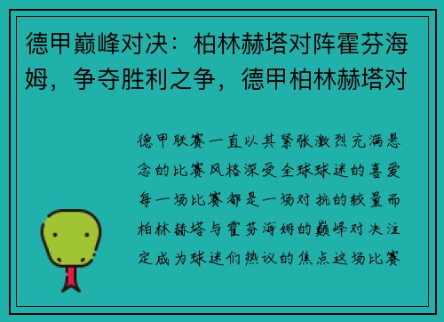 德甲巅峰对决：柏林赫塔对阵霍芬海姆，争夺胜利之争，德甲柏林赫塔对柏林联合