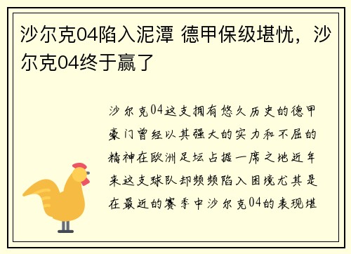 沙尔克04陷入泥潭 德甲保级堪忧，沙尔克04终于赢了