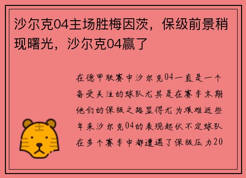 沙尔克04主场胜梅因茨，保级前景稍现曙光，沙尔克04赢了