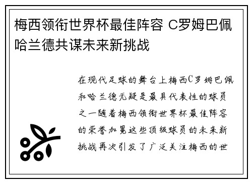 梅西领衔世界杯最佳阵容 C罗姆巴佩哈兰德共谋未来新挑战