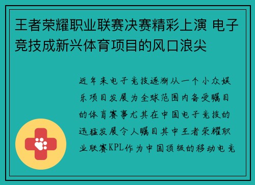 王者荣耀职业联赛决赛精彩上演 电子竞技成新兴体育项目的风口浪尖